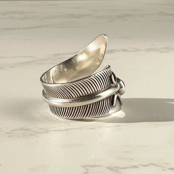 Native American Navajo Sterling Silver & Lapis Wrap Around Feather Ring Signed C - Picture 3 of 9